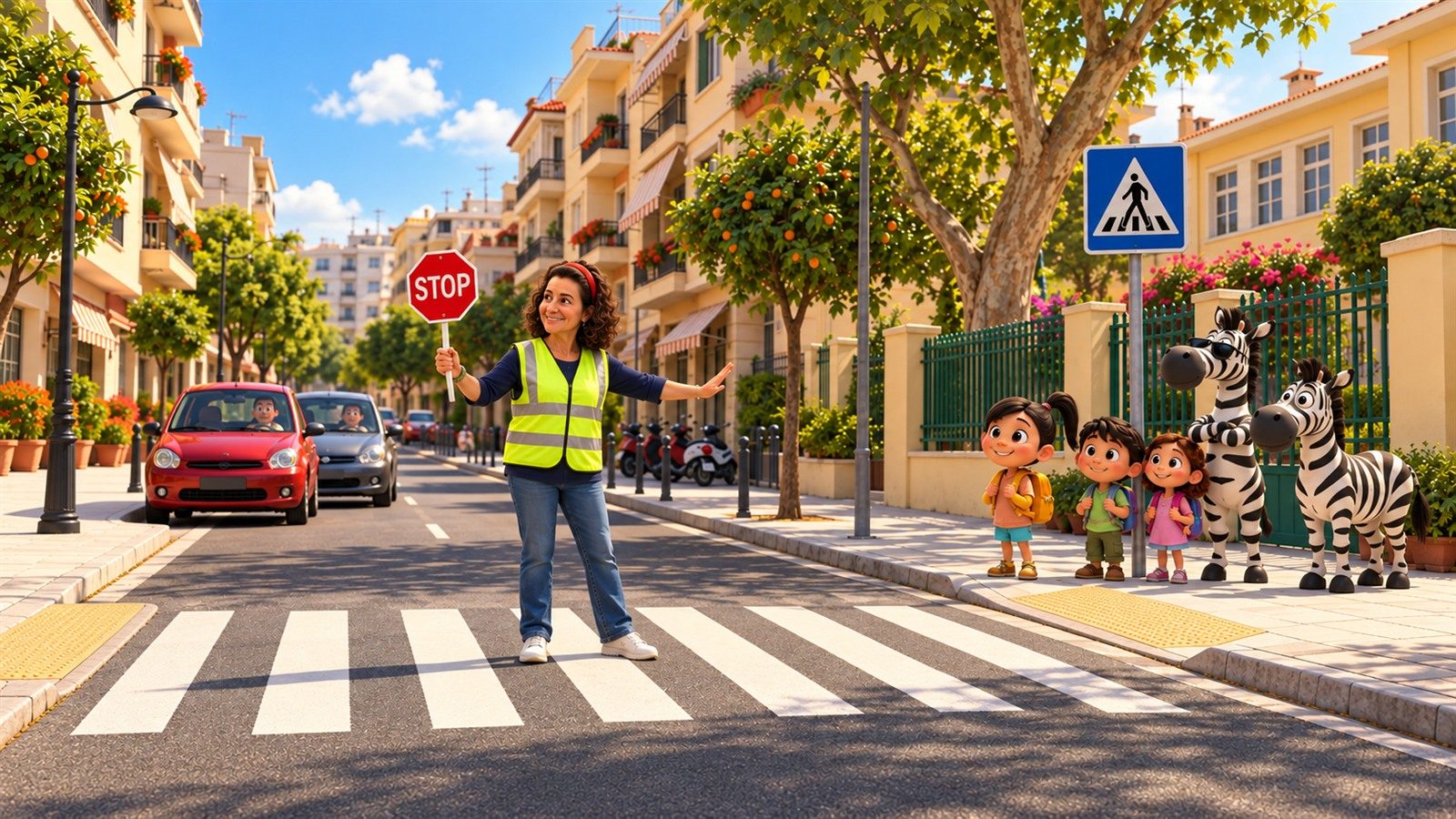 Η σχολική τροχονόμος με ανακλαστικό γιλέκο κρατά την πινακίδα STOP στη διάβαση του σχολείου